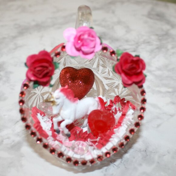 HAND CRAFTED Valentines Day Decor Ornament Table Upcycled Cup Unicorn Red Gift - Picture 1 of 12